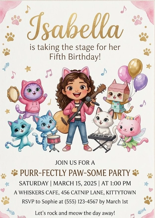 watercolor gabbys dollhouse birthday invitation