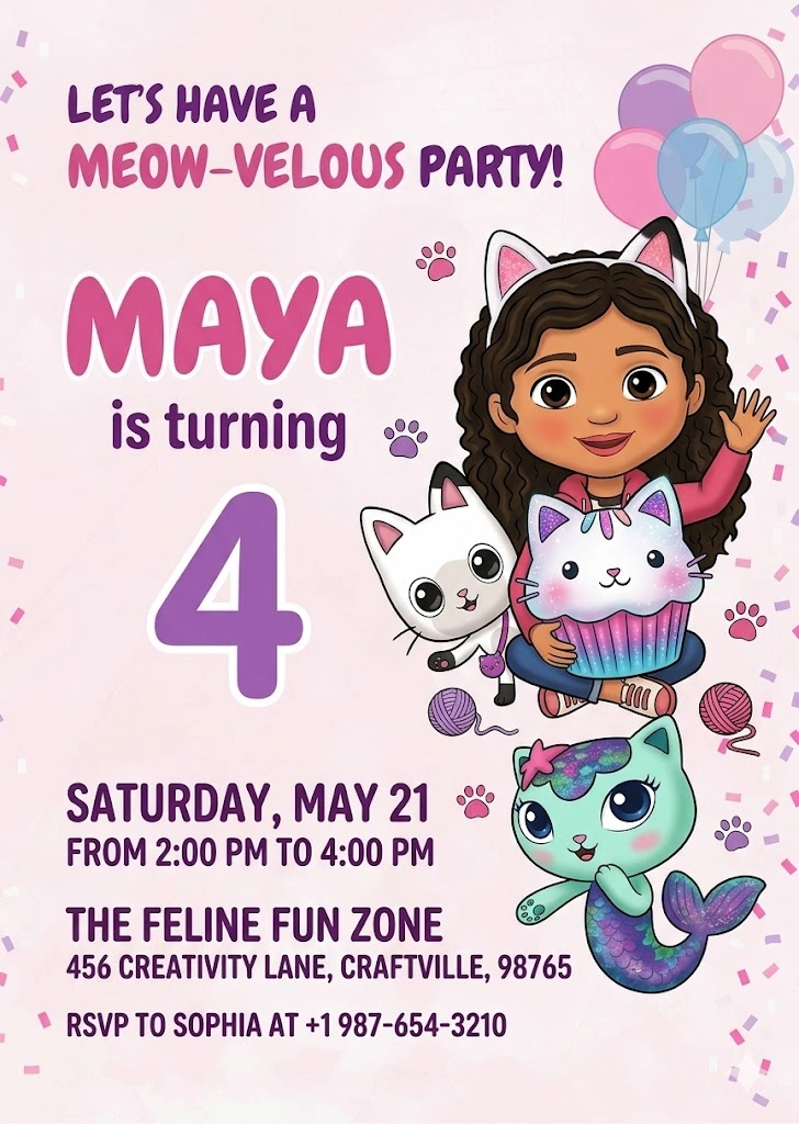 gabby dollhouse inspired birthday invitation