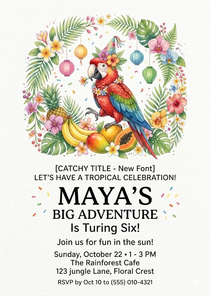 tropical parrot birthday invitation
