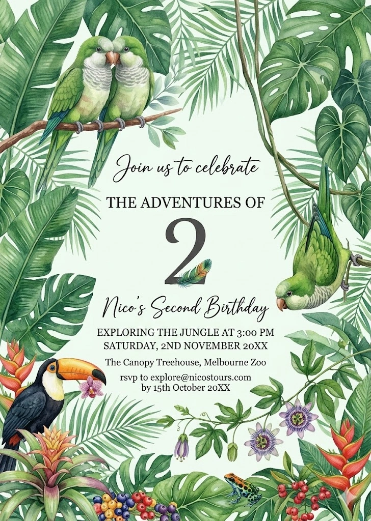 tropical parrot birthday invitation