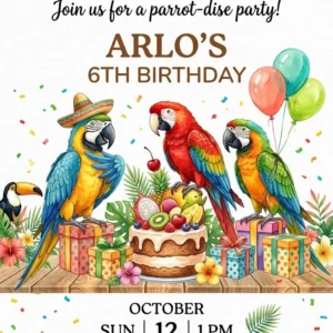 tropical parrot birthday invitation