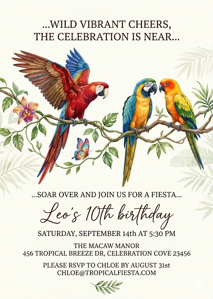 tropical parrot birthday invitation