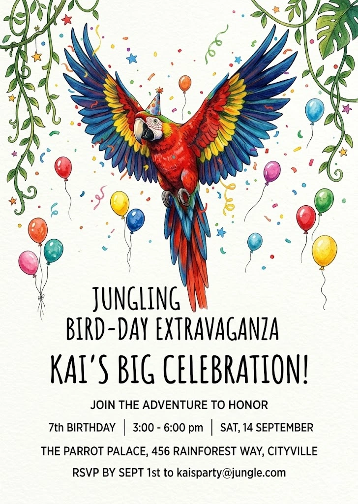 tropical bird birthday invitation