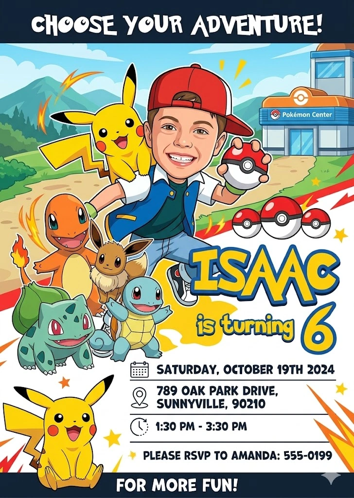 personalized pikachu card birthday invitation
