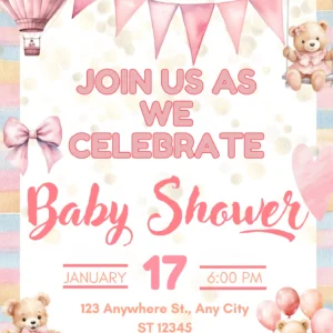 neutral teddy bear baby shower invitation