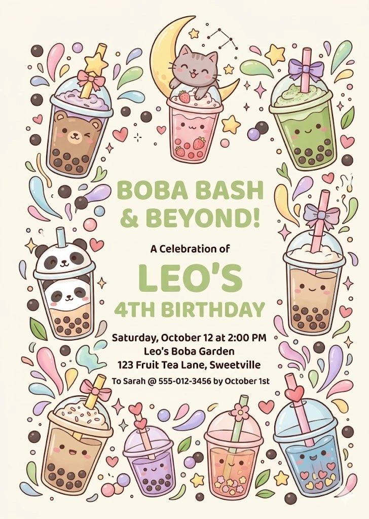 kawaii boba birthday invitation