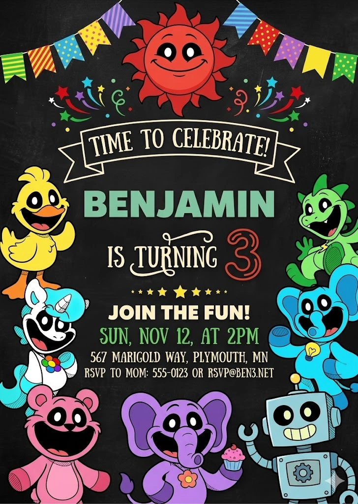 cartoon rainbow birthday invitation