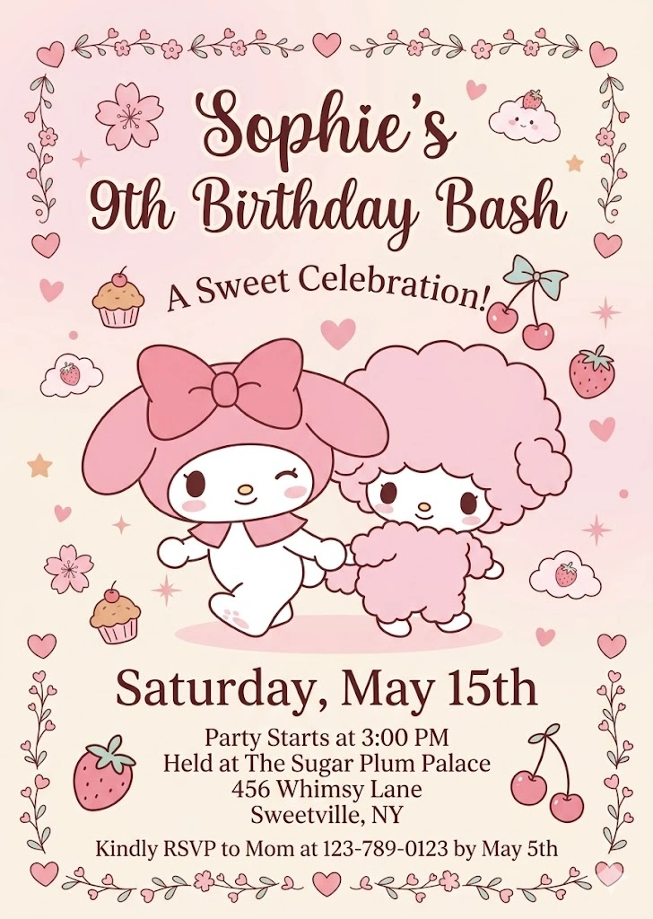 kawaii bunny birthday invitation