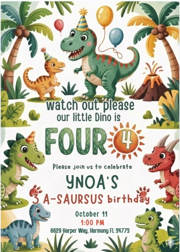 four rex dinosaur 4th birthday invitation