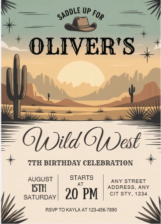 wild west cowboy 7th birthday invitation