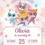 neon super kitties birthday invitation