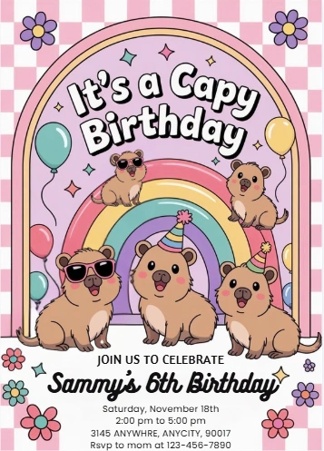 capybara 8th birthday invitation