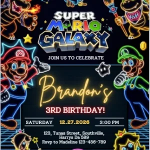 neon super mario birthday invitation