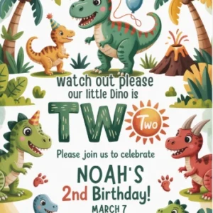 rex dinosaur second birthday invitation