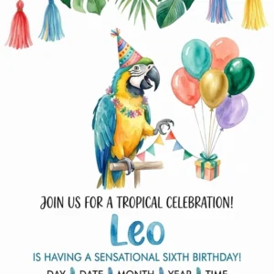 macaw tropical bird birthday invitation