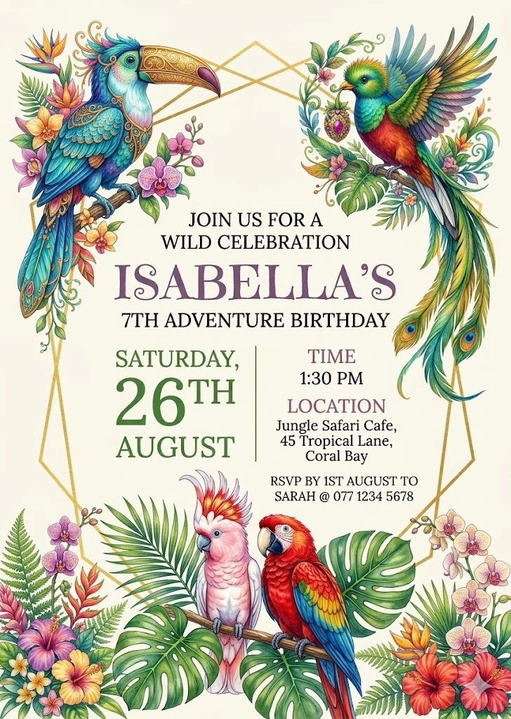 tropical birds colorful birthday invitation