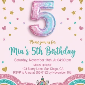 girls rainbow sequin 5th birthday invitation