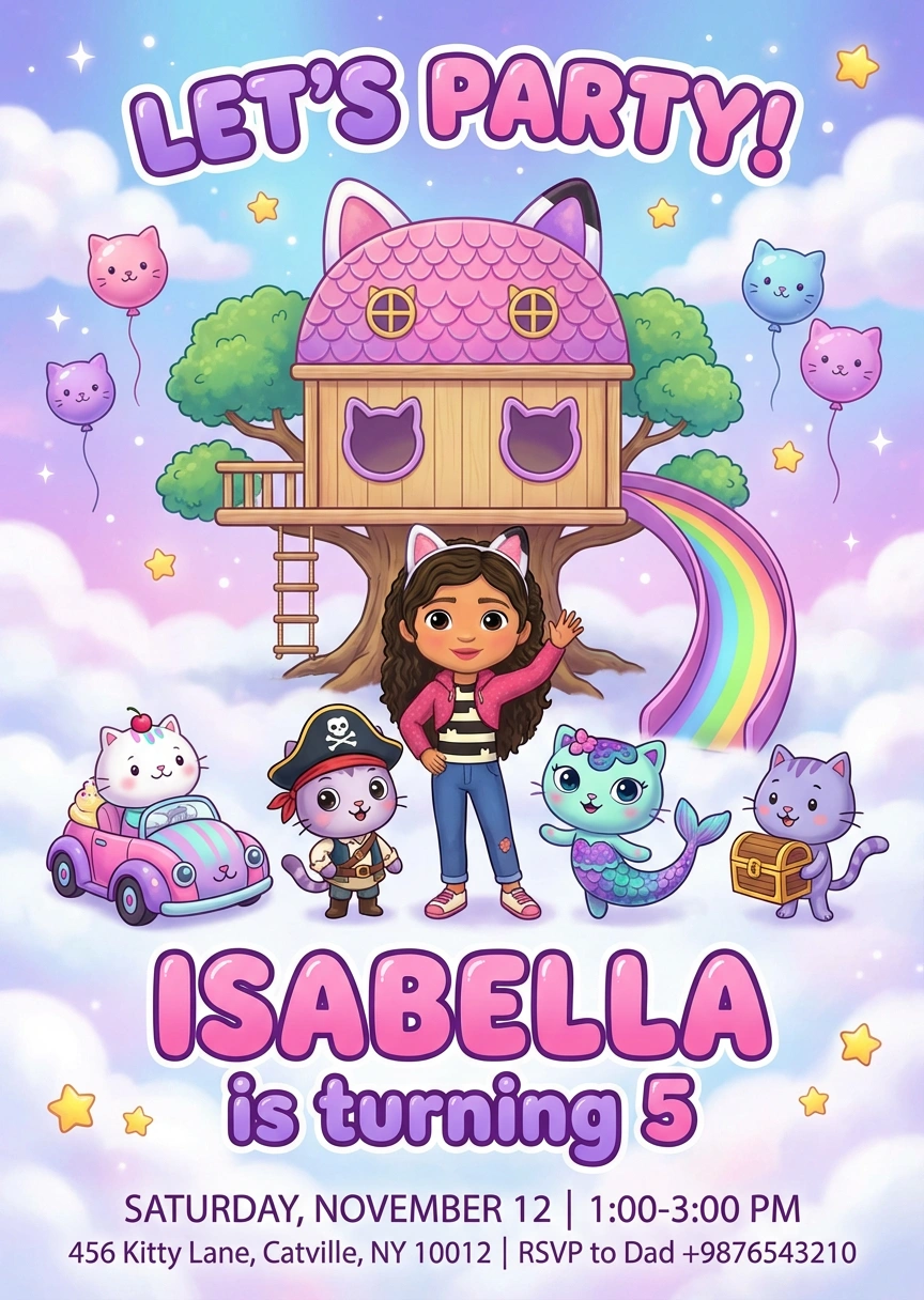 gabby dollhouse birthday party invitation