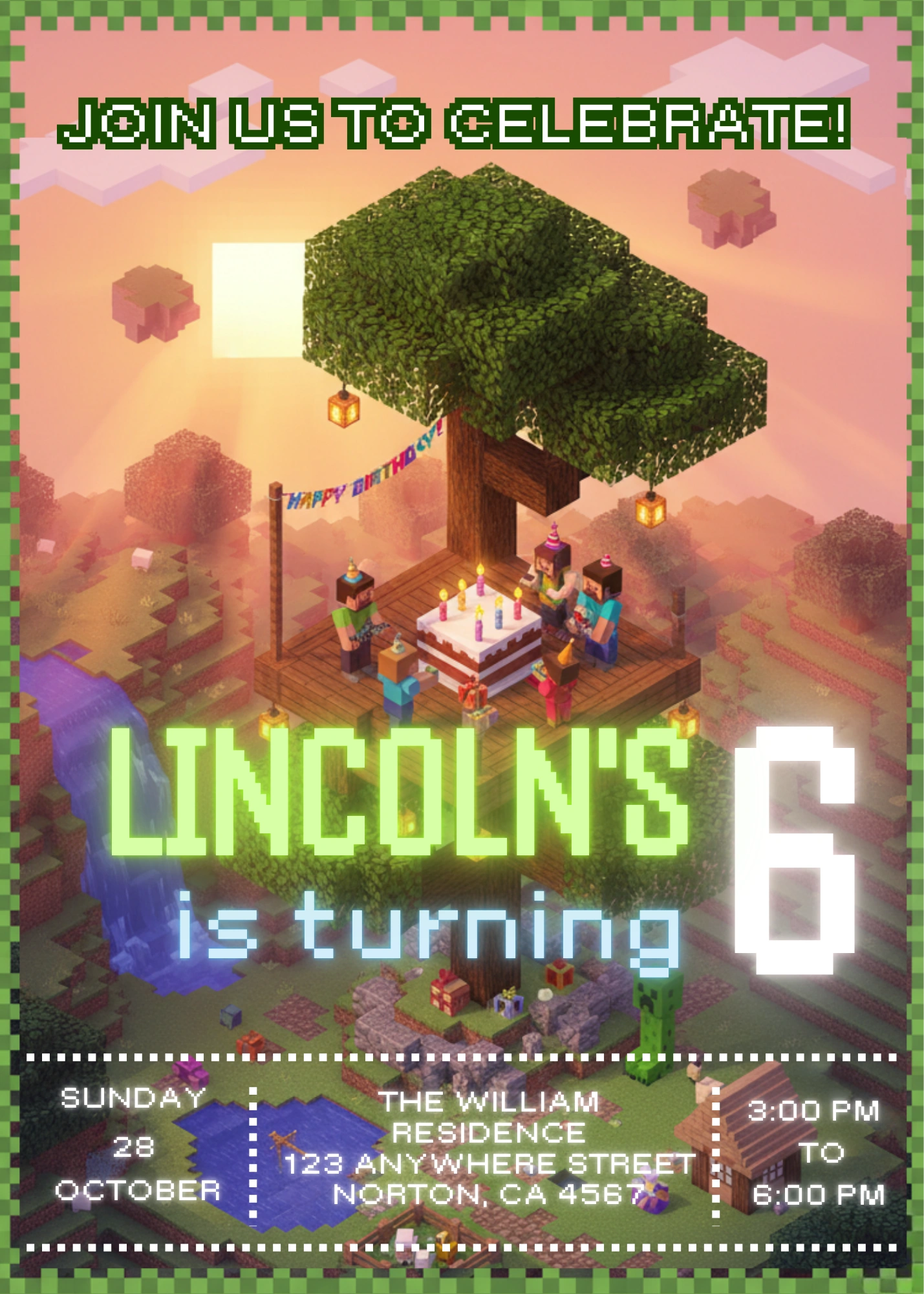 pixel block birthday invitation