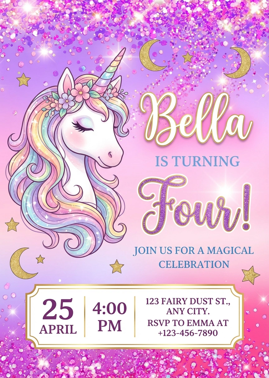 pink unicorn birthday invitation