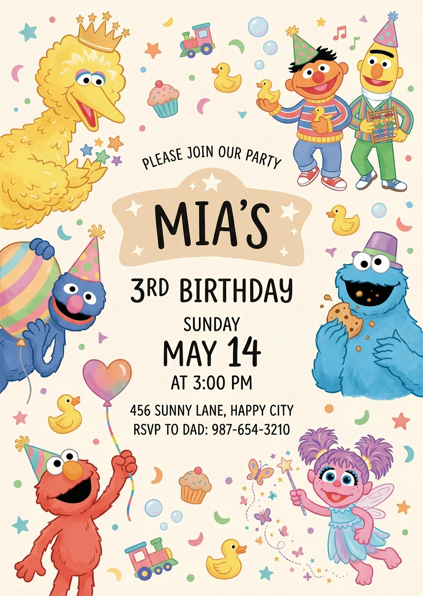 sesame street watercolor birthday invitation