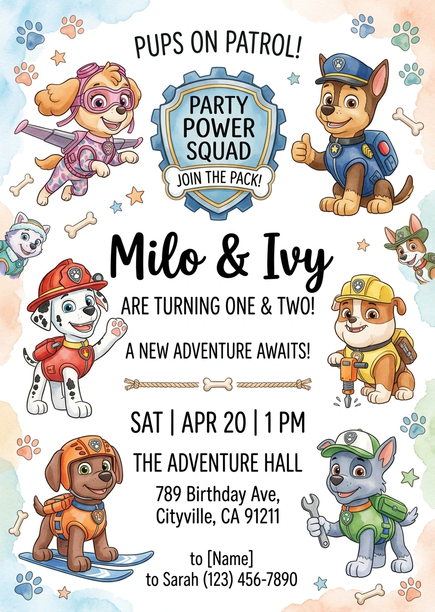 paw patrol joint birthday invitation