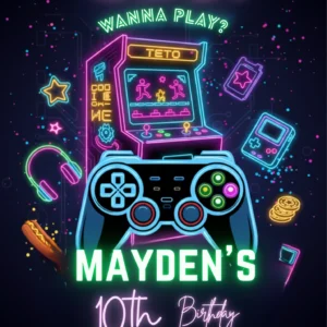 neon gamer birthday invitation