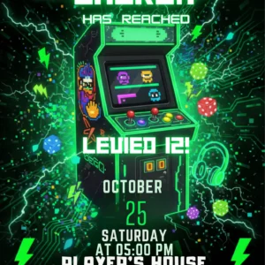 neon arcade gamer birthday invitation