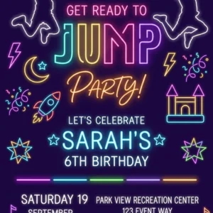 let’s jump neon glow birthday invitation