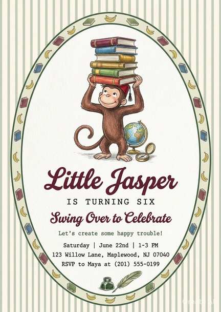 vintage curious george birthday invitation