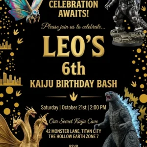 5x7 godzilla theme birthday invitation