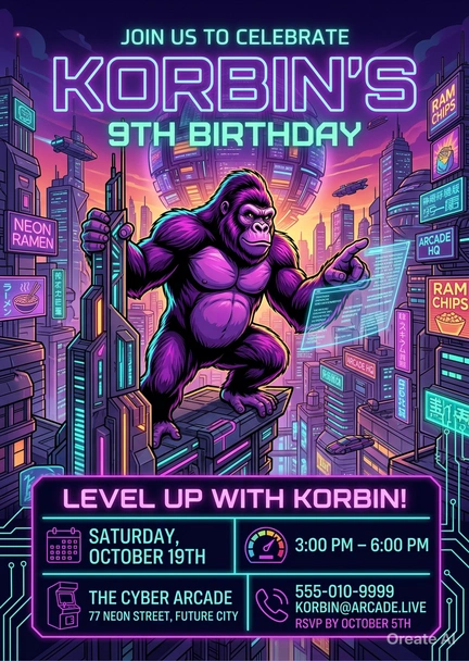 neon gorilla birthday invitation