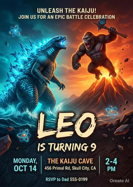 king kong vs godzilla birthday invitation