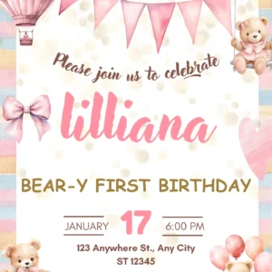 neutral teddy bear first birthday invitation