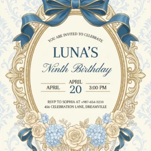 blue bow birthday invitation