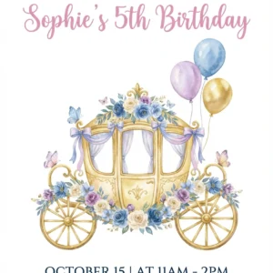 watercolor princess carriage birthday invitation