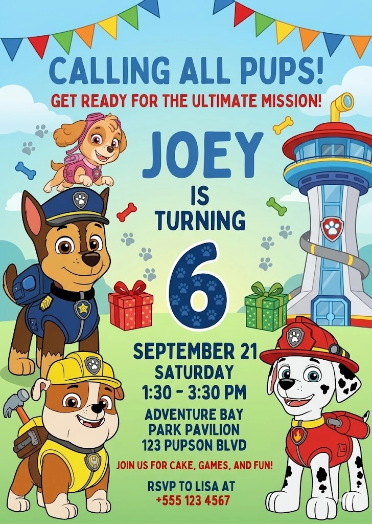 paw patrol birthday invitation