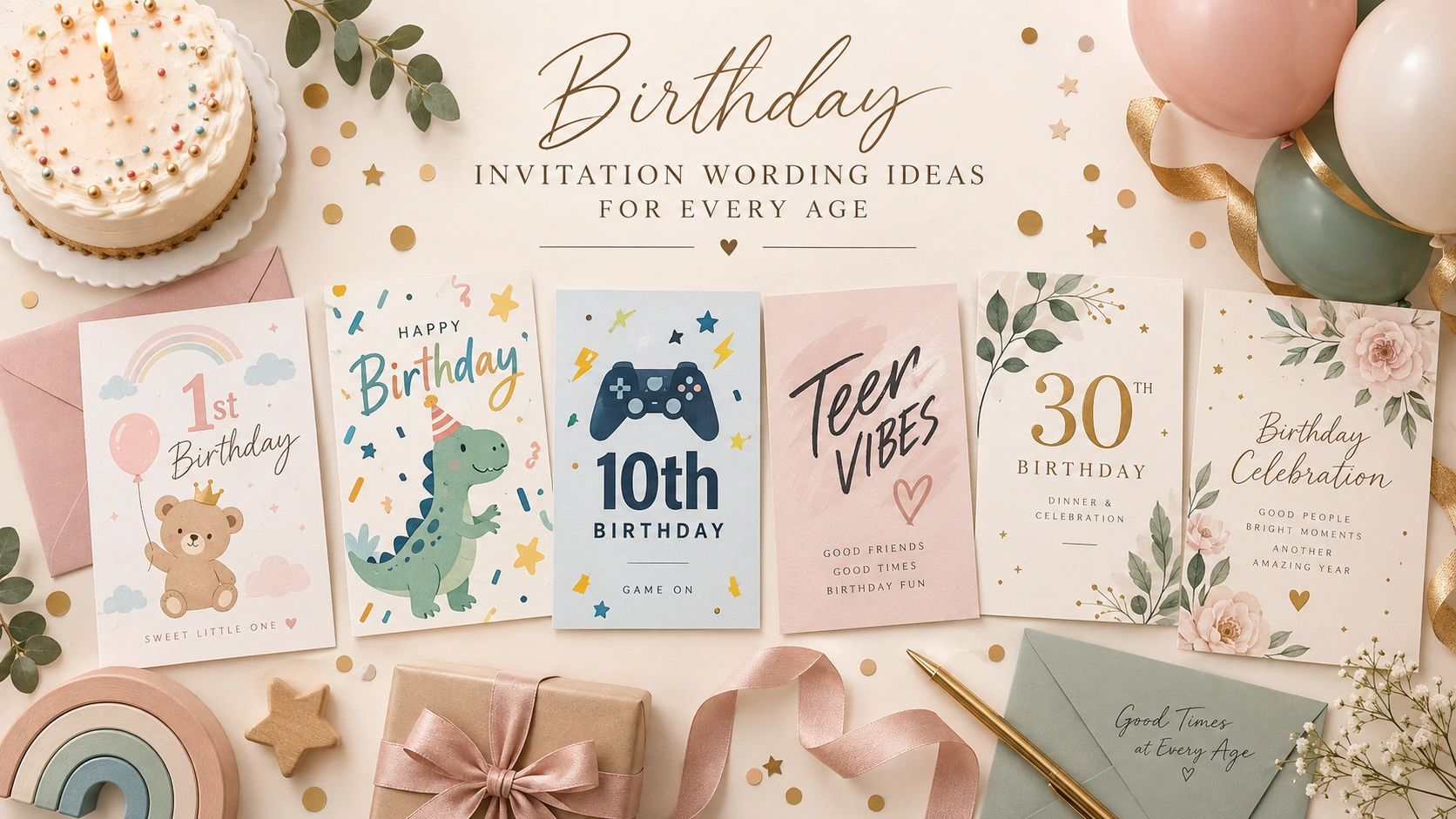 Birthday invitation wording ideas for every age shown through a collection of child, teen, and adult birthday invitation styles